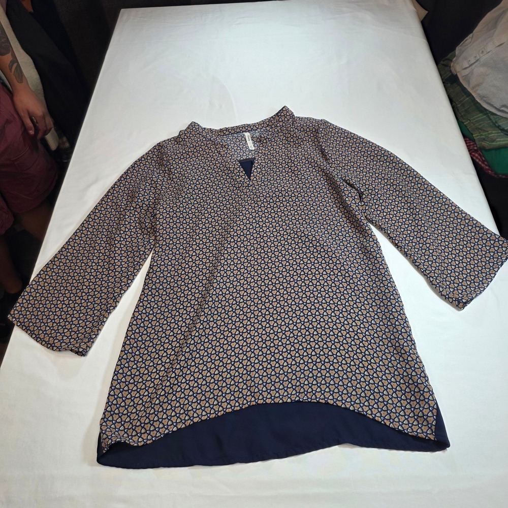 TRINITY Women Dressy Blouse Top XS Blue Peacock Print Long Sleeve Office Casual
